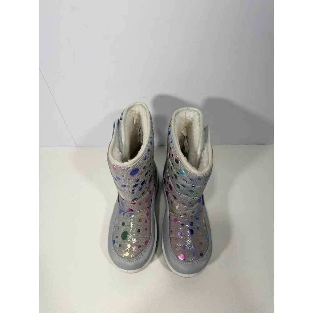WFS Girls Gray Snow Boots Rainbow Iridescent Polka Dot Faux Fur Lined boot